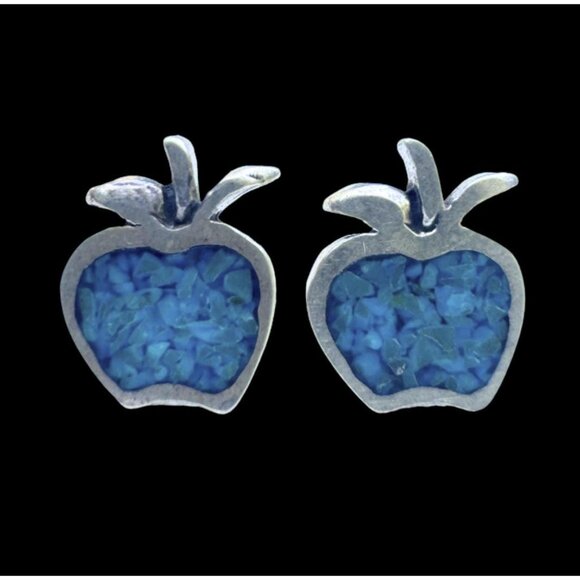 Jewelry - Vintage Sterling Silver Stud Earrings Apple Crushed Blue Stone